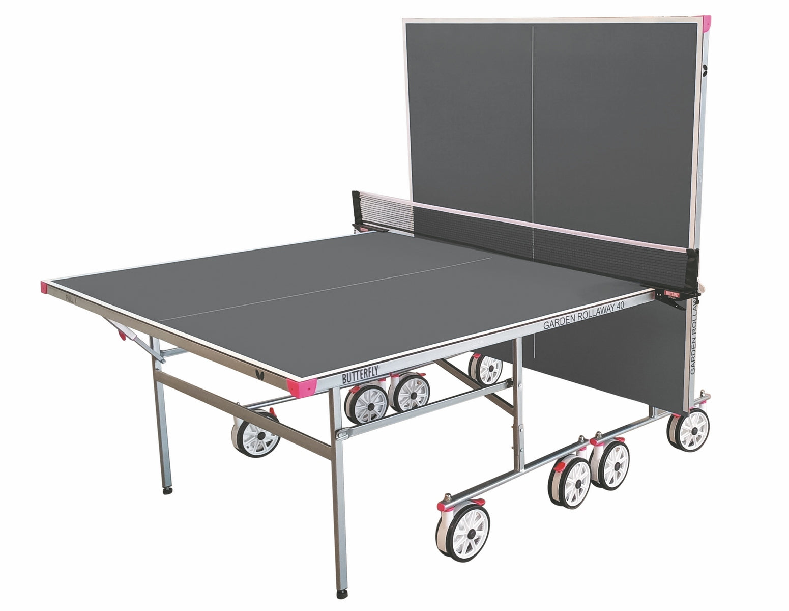 The Butterfly Garden Rollaway 40 Table Tennis Table (Grey) by Butterfly features an anti-glare melamine surface, wheels, a net attached, and is shown partially folded on one side for solo practice.
