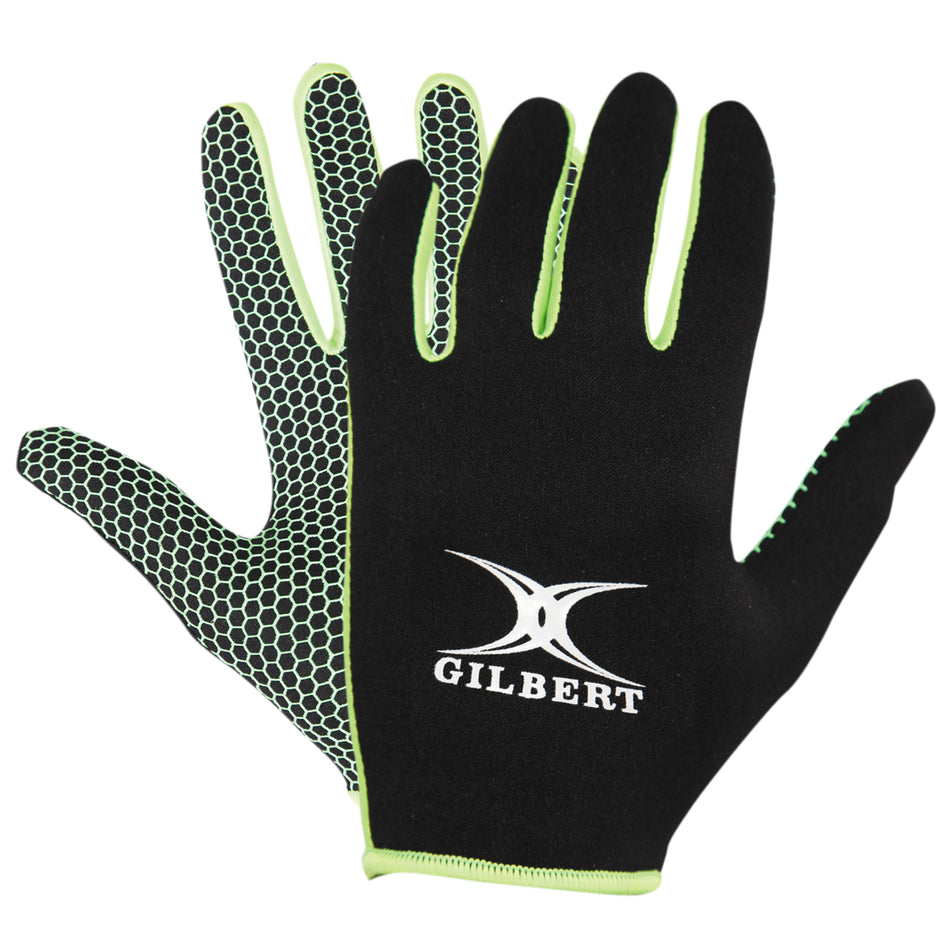 The Gilbert Atomic Rugby Glove by Gilbert features a black/green design with thermal fabric, hexagonal grip on the palm, and a white Gilbert logo printed on the back of one glove.