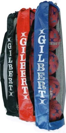 The Gilbert Ball Tube by Gilbert comes in black, red, and blue, each with a vertical GILBERT label; the blue tube’s durable nylon mesh offers breathability and visibility while securely holding multiple red and blue balls.