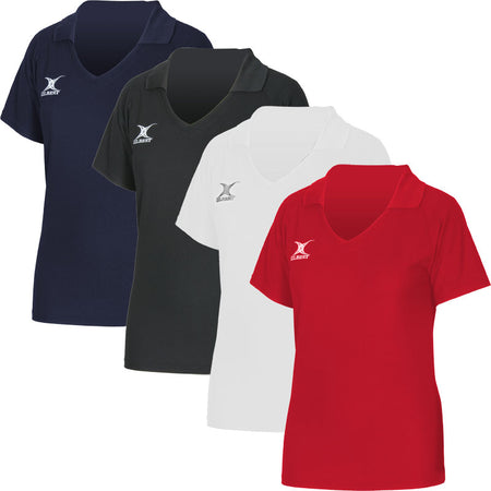 The Gilbert Blaze Shirt by Gilbert is a short-sleeve, collared women’s top in white with a white left chest logo and no visible buttons—ideal for stylish gym wear or as a functional training shirt.