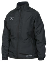 The Gilbert Blaze Track Top in black features long sleeves, a stand-up collar, two front zippered pockets, and white embroidered logos on the left chest and lower right side.
