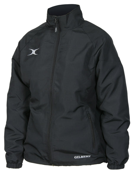 The Gilbert Blaze Track Top in black features long sleeves, a stand-up collar, two front zippered pockets, and white embroidered logos on the left chest and lower right side.