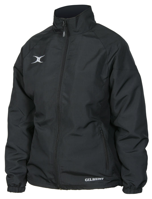 The Gilbert Blaze Track Top in black features long sleeves, a stand-up collar, two front zippered pockets, and white embroidered logos on the left chest and lower right side.