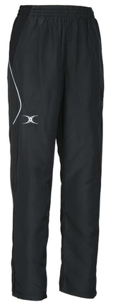 The Gilbert Blaze Track Trouser by Gilbert comes in black with an elasticated waist, side pockets, a white logo and accent line on the left thigh, relaxed fit, straight leg design, and built-in ventilation for comfort.