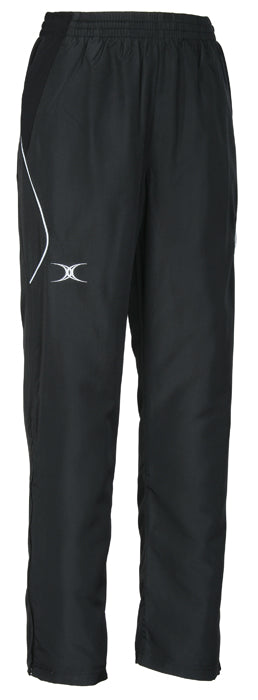 The Gilbert Blaze Track Trouser by Gilbert comes in black with an elasticated waist, side pockets, a white logo and accent line on the left thigh, relaxed fit, straight leg design, and built-in ventilation for comfort.