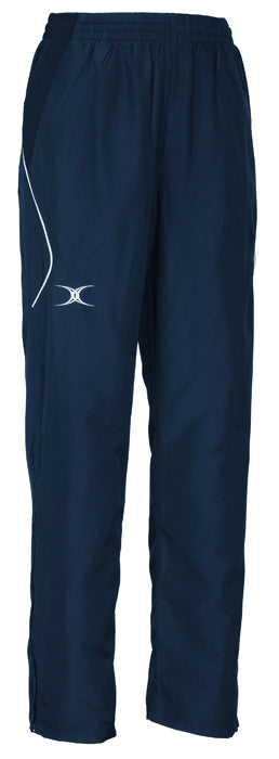 The Gilbert Blaze Track Trouser by Gilbert features a navy blue color, elasticated waist, white logo and curved line on the left thigh, straight-leg fit, and added ventilation for comfort.