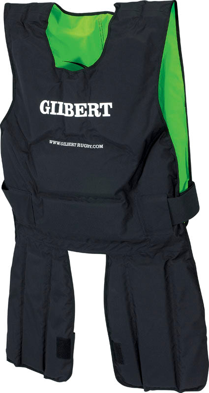 The Gilbert Contact Suit by Gilbert is a black and green padded rugby training suit with www.gilbertrugby.com on the chest. It offers body protection for shoulders, torso, and thighs, and features adjustable side straps.