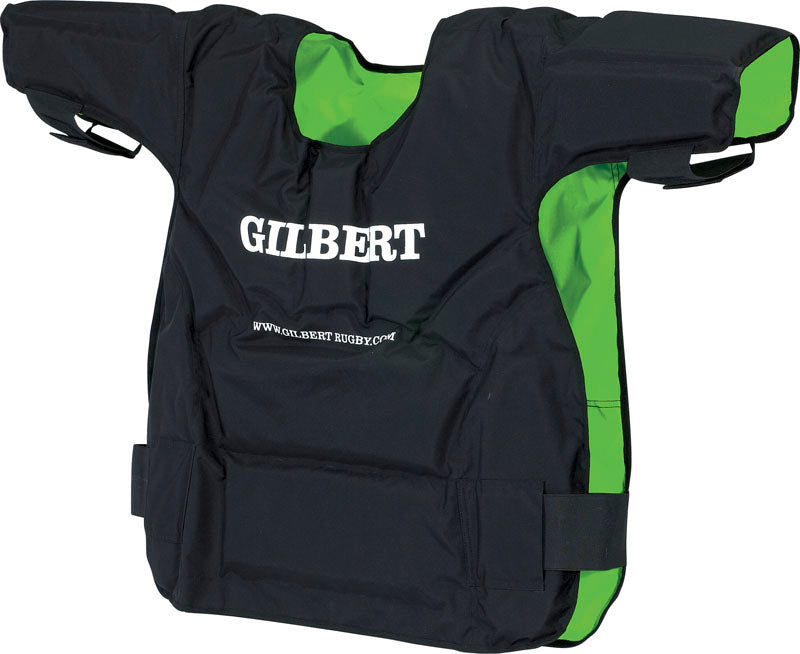 The Gilbert Contact Top is a black and green padded vest with "GILBERT" in white on the front. Designed for upper body protection, it offers shoulder coverage, Velcro side straps, and is ideal for rugby training sessions.