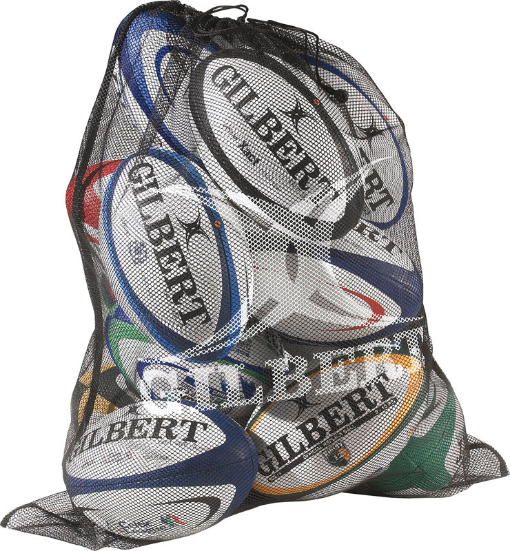 The Gilbert Fine Mesh Ball Bag, featuring lightweight mesh material, holds several colorful Gilbert rugby balls with the brand name visible through the netting.
