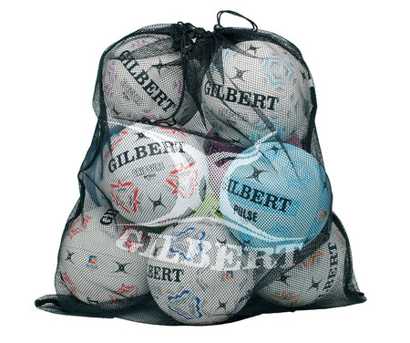 The Gilbert Fine Mesh Ball Bag is a lightweight carrier filled with multiple mostly white Gilbert rugby balls featuring colorful patterns and the GILBERT logo—ideal for transporting sports balls to practices and games.
