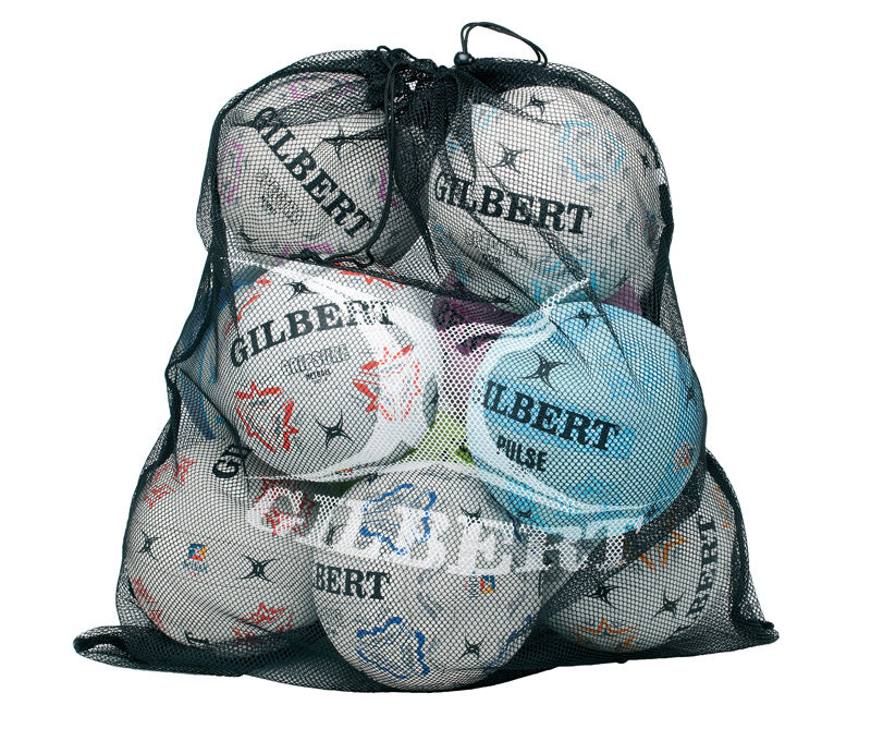 The Gilbert Fine Mesh Ball Bag is a lightweight carrier filled with multiple mostly white Gilbert rugby balls featuring colorful patterns and the GILBERT logo—ideal for transporting sports balls to practices and games.