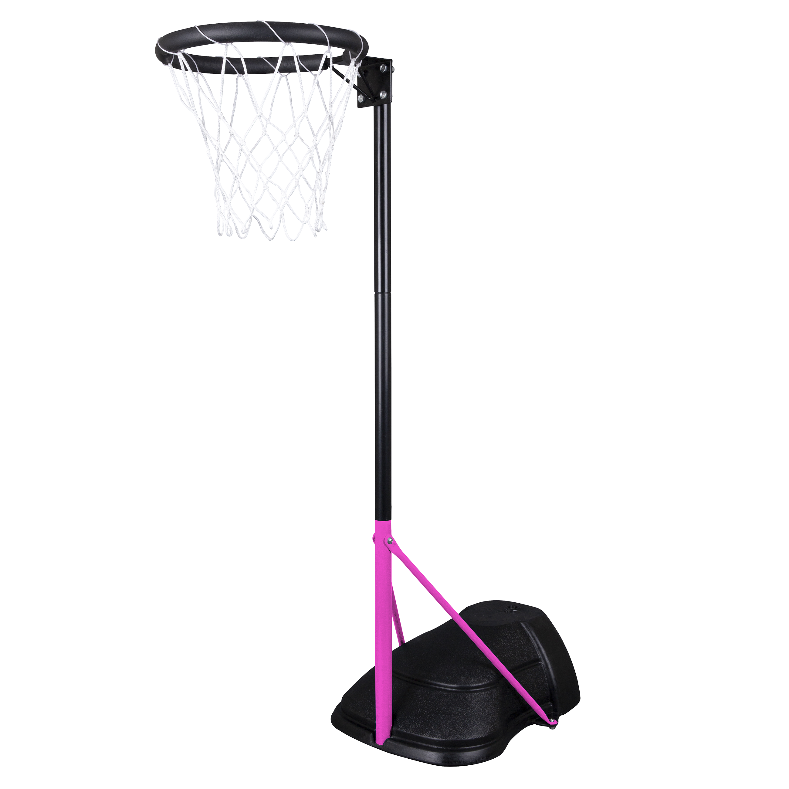 The Gilbert Mini Netball Post by Gilbert features a portable kids’ netball hoop with a black stand, pink support bars, black base, and white post with net, displayed against a white background.
