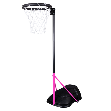 The Gilbert Mini Netball Post by Gilbert features a portable kids’ netball hoop with a black stand, pink support bars, black base, and white post with net, displayed against a white background.