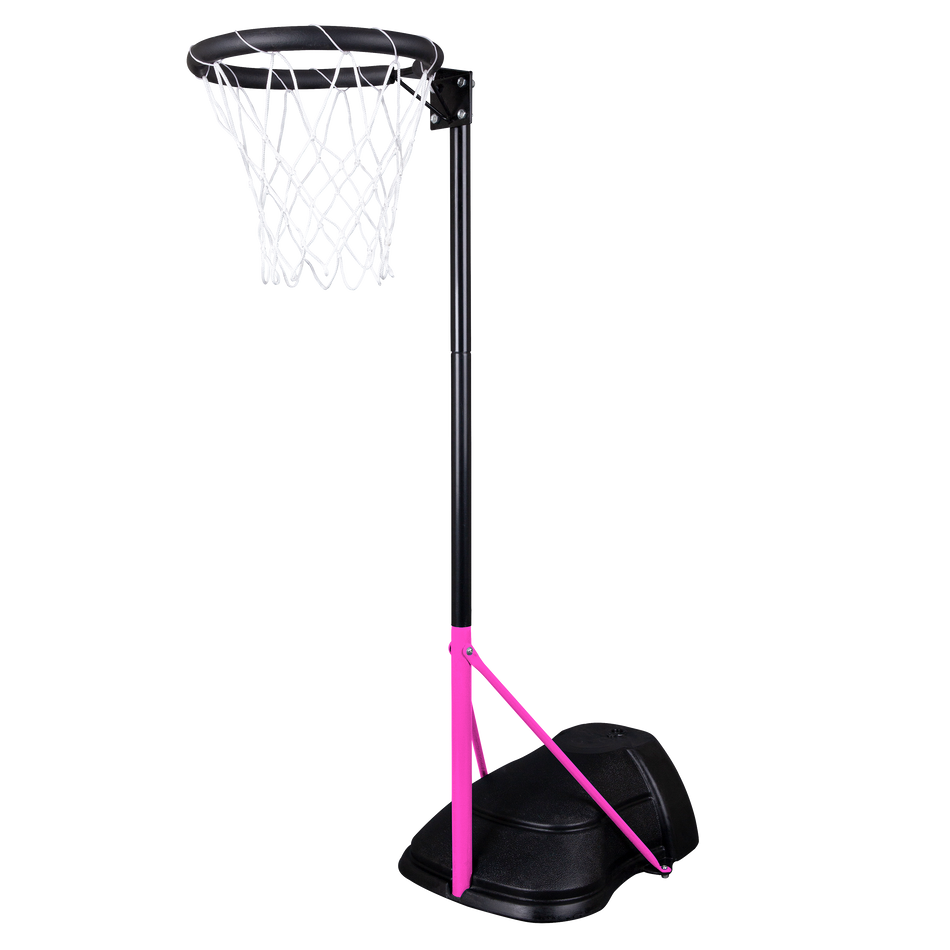 The Gilbert Mini Netball Post by Gilbert features a portable kids’ netball hoop with a black stand, pink support bars, black base, and white post with net, displayed against a white background.