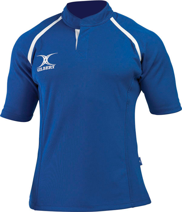The Gilbert Xact Match Monochrome Rugby Shirt in royal features the white "Gilbert" logo on the chest and white stripes from collar to shoulder, offering durable sportswear and excellent moisture management.