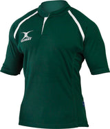 The Gilbert Xact Match Monochrome Rugby Shirt by Gilbert features a green color, white shoulder accents, and a white Gilbert logo on the left chest, ideal for durable sportswear.