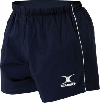 Gilbert Match Shorts by Gilbert in Dark Navy, featuring an elastic waistband, a white side stripe, and the Gilbert logo in white on the lower left leg—ideal for peak performance sportswear.