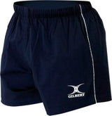 Gilbert Match Shorts by Gilbert in Dark Navy, featuring an elastic waistband, a white side stripe, and the Gilbert logo in white on the lower left leg—ideal for peak performance sportswear.