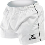 Gilbert Match Shorts by Gilbert: white athletic rugby shorts with an elastic waistband, black side stripe, and Gilbert logo at the hem—engineered for high-performance play.
