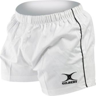 Gilbert Match Shorts by Gilbert: white athletic rugby shorts with an elastic waistband, black side stripe, and Gilbert logo at the hem—engineered for high-performance play.