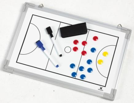 The Gilbert Netball Tactics Board by Gilbert includes a whiteboard with a field diagram, dry wipe pens, an eraser, and red, blue, and yellow magnetic markers to represent teams and players for netball strategy planning.