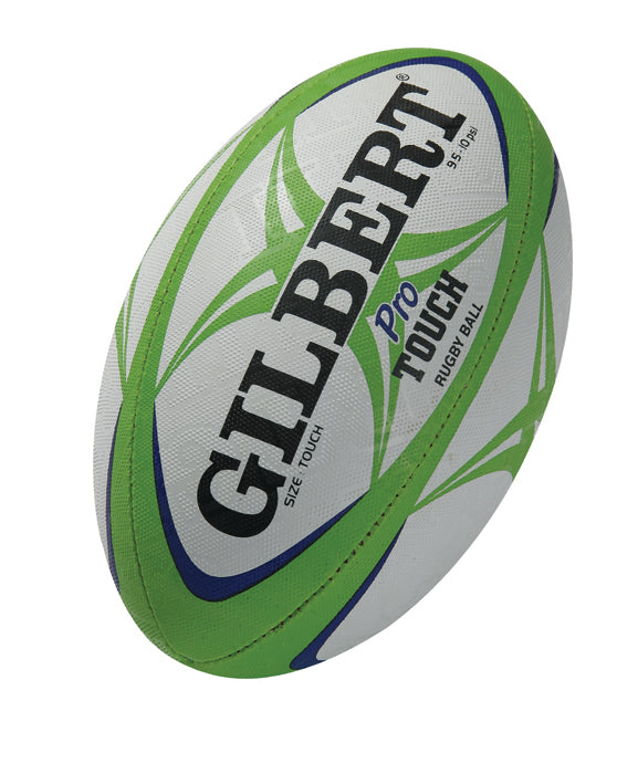 The Gilbert Touch Pro Match Ball by Gilbert features a white design with green and blue patterns and bold GILBERT branding, perfect for any touch rugby match.