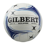 The Gilbert Eclipse Netball is a white ball with blue and black curved patterns, featuring the GILBERT logo in bold. Crafted from natural rubber, it uses Duragrip technology for enhanced grip and durability.