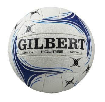 The Gilbert Eclipse Netball is a white ball with blue and black curved patterns, featuring the GILBERT logo in bold. Crafted from natural rubber, it uses Duragrip technology for enhanced grip and durability.