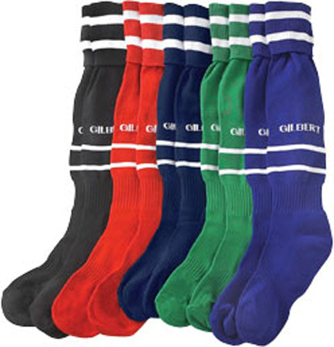 Five pairs of Gilbert Training Socks in black, featuring a support rib, cushioned sole, two white stripes at the top, and "GILBERT" written across the side.
