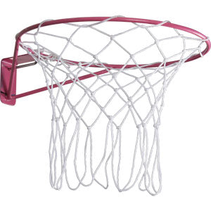 A close-up of the Gilbert Academy Wall Mounted Netball Ring by Gilbert, featuring a pink metal rim and white net, resembles an outdoor netball set and is shown isolated on a white background.