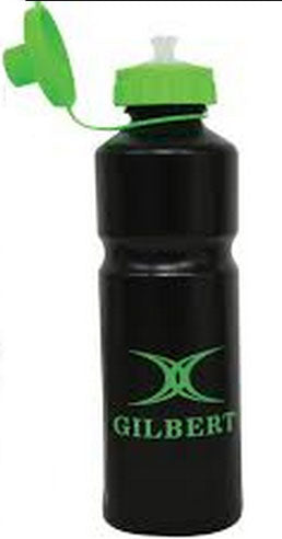 The Gilbert Water Bottle features a black design with a green sports cap, flip-top lid, and green Gilbert logo. Holds 750 ml—ideal for athletes on the go.