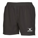 The Gilbert Womens Saracen Short is a black, lightweight rugby short with an elastic waistband and the white Gilbert logo on the lower left leg.