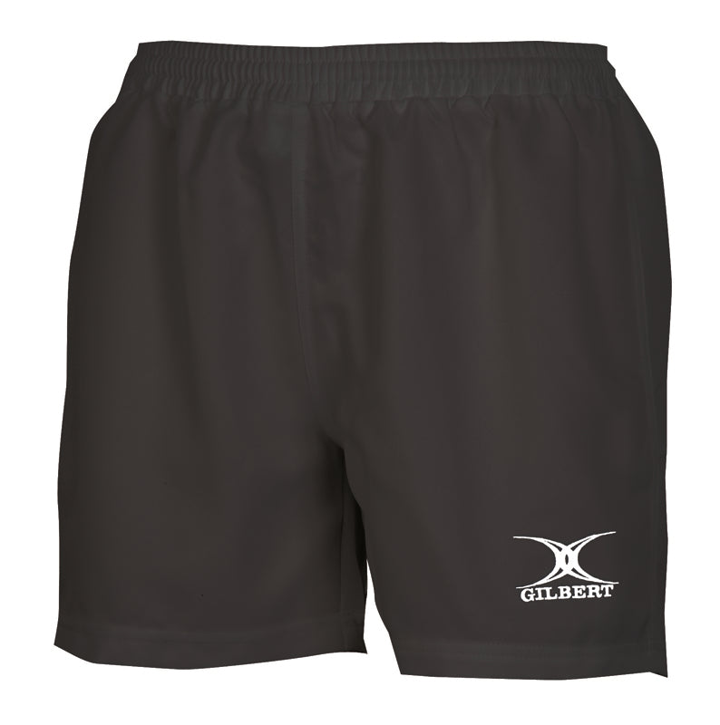 The Gilbert Womens Saracen Short is a black, lightweight rugby short with an elastic waistband and the white Gilbert logo on the lower left leg.