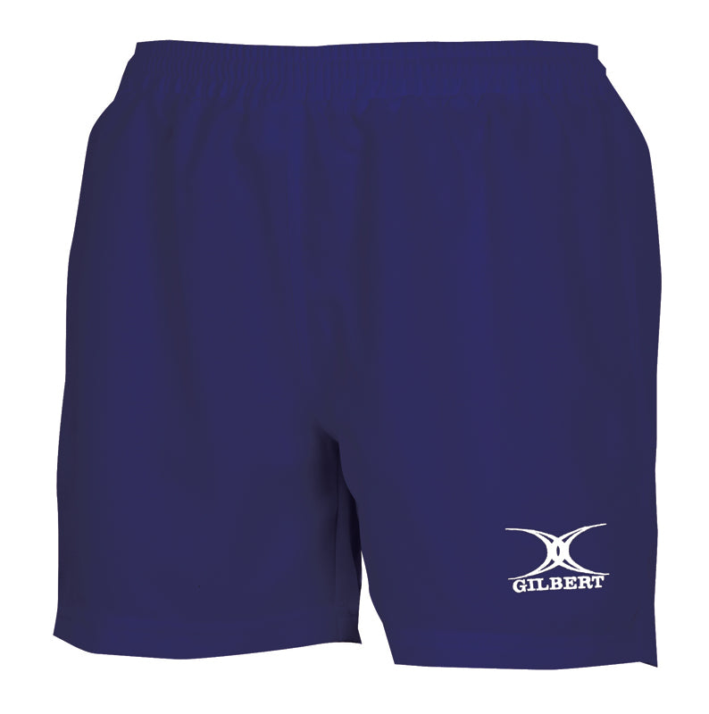 The Gilbert Womens Saracen Short in navy features an elastic waistband and a white Gilbert logo on the lower left leg. These lightweight shorts are perfect for training or matches.