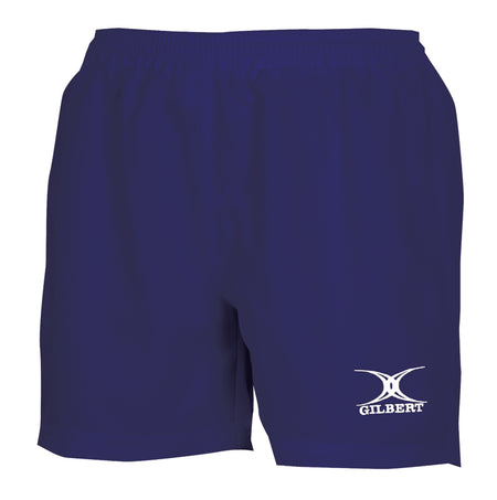 The Gilbert Womens Saracen Short in navy features an elastic waistband and a white Gilbert logo on the lower left leg. These lightweight shorts are perfect for training or matches.