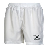 The Gilbert Womens Saracen Short in white, featuring the Gilbert logo, is a lightweight rugby short ideal for intense matches.