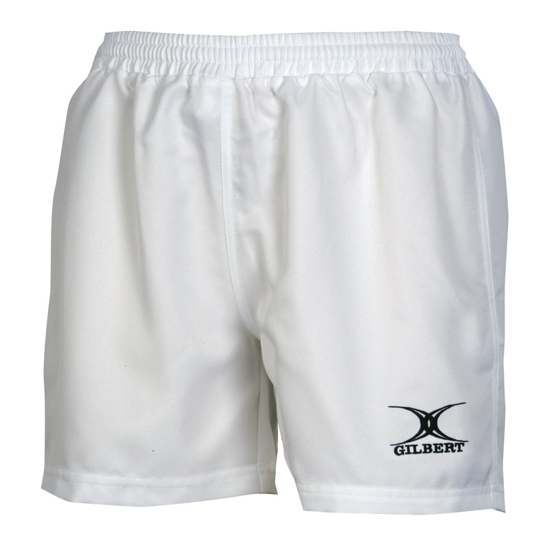 The Gilbert Womens Saracen Short in white, featuring the Gilbert logo, is a lightweight rugby short ideal for intense matches.