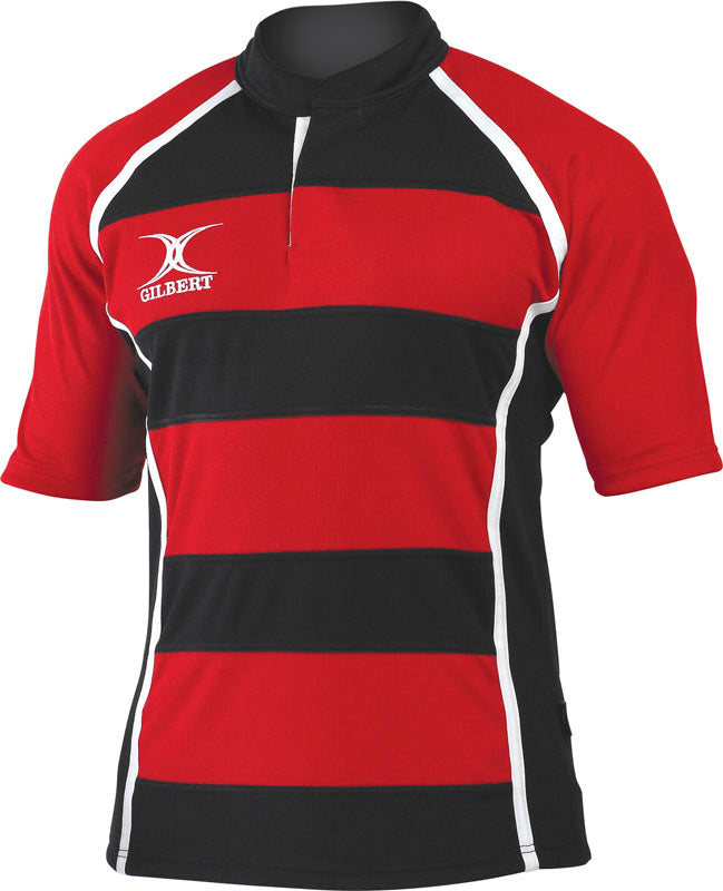 The Gilbert Xact Match Hoop Shirt by Gilbert features short sleeves, red and black horizontal stripes, white side and shoulder piping, and the GILBERT logo printed on the upper left chest.