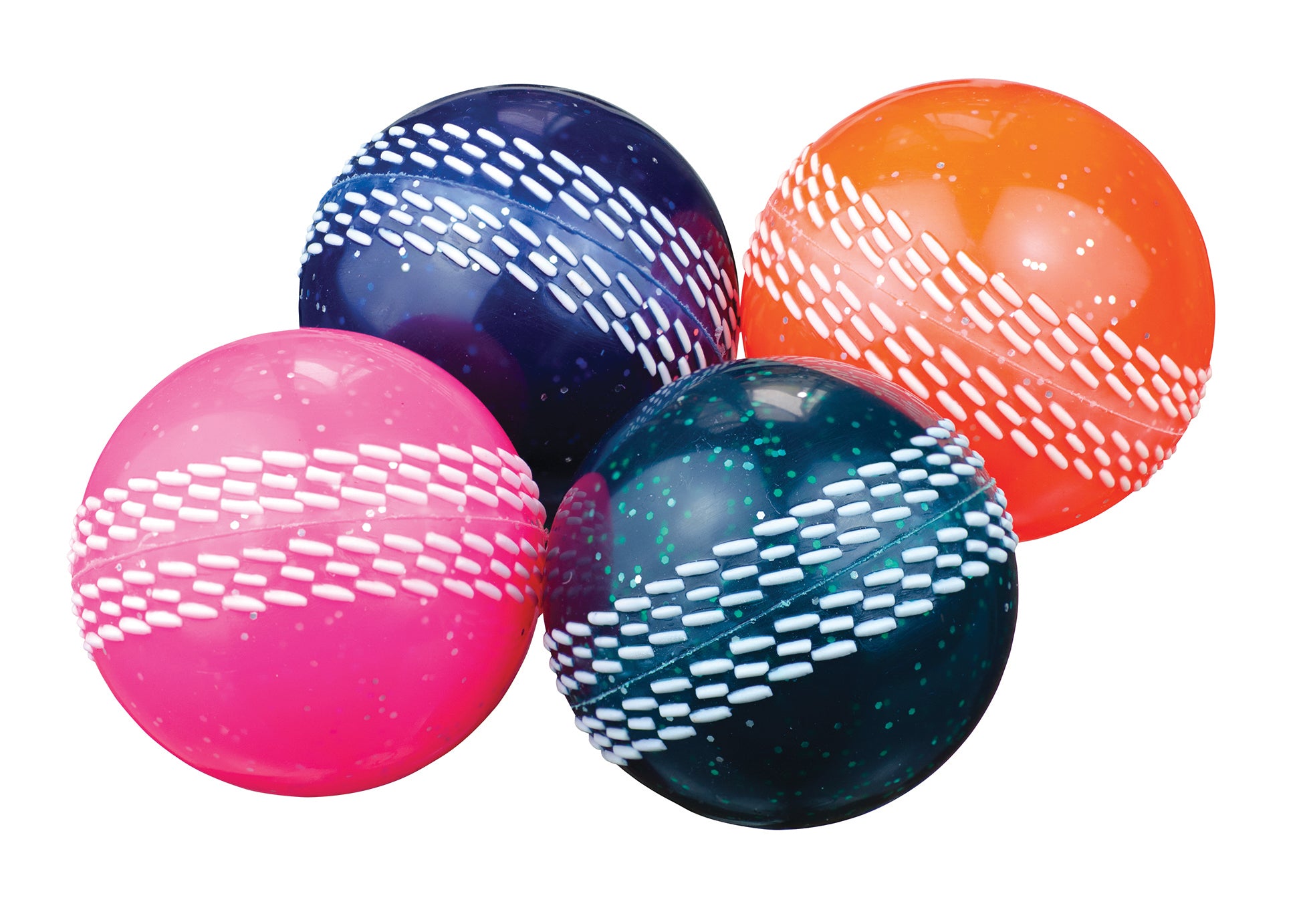 The Hunts County Glitter Ball set by Hunts County includes four colorful PVC training balls with textured white stripes in pink, dark blue, orange, and dark green—perfect for drills and activities. Balls are compactly arranged on a white background.