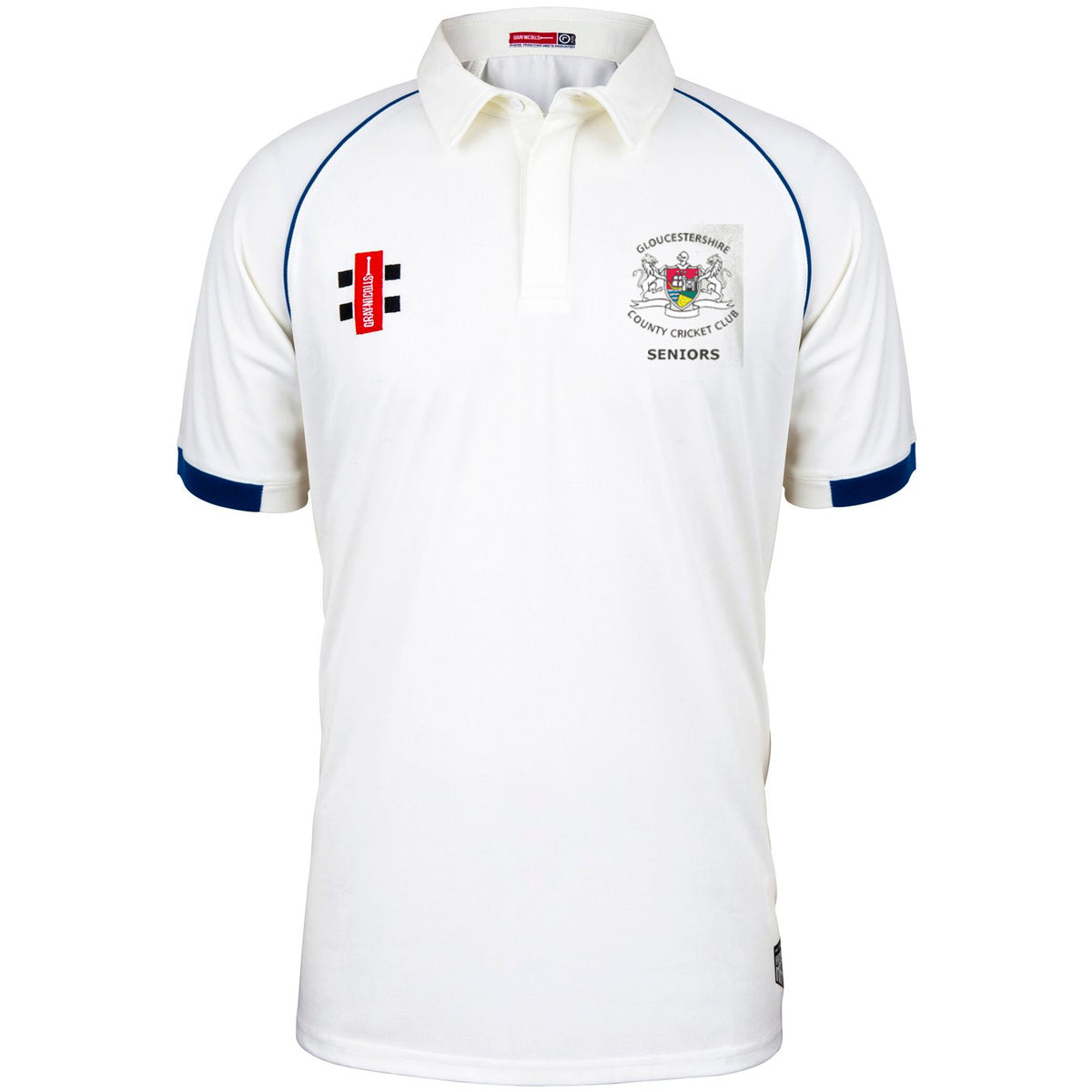 The Gloucestershire CCC Seniors Matrix V2 Short Sleeve Match Shirt by Martin Berrill Sports features blue sleeve trim, a collar, and embroidered logos in the classic Matrix V2 cricket shirt design.