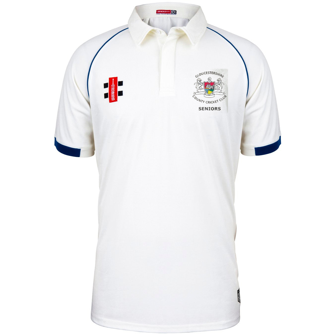 The Gloucestershire CCC Seniors Matrix V2 Short Sleeve Match Shirt by Martin Berrill Sports features blue sleeve trim, a collar, and embroidered logos in the classic Matrix V2 cricket shirt design.