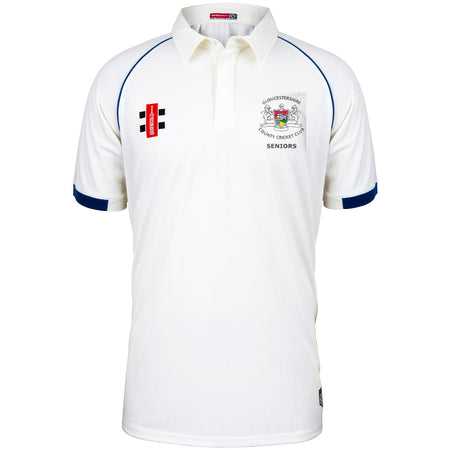 The Gloucestershire CCC Seniors Matrix V2 Short Sleeve Match Shirt by Martin Berrill Sports features blue sleeve trim, a collar, and embroidered logos in the classic Matrix V2 cricket shirt design.