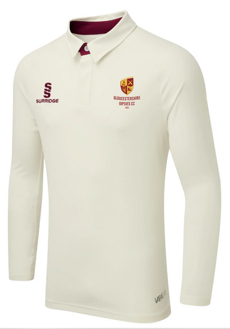 The Gloucestershire Gipsies CC L/S Match Shirt by Surridge is an off-white, long-sleeved top with maroon accents, featuring the club crest, "Lazer" on the left sleeve, and VAPADRI technology for on-field comfort.