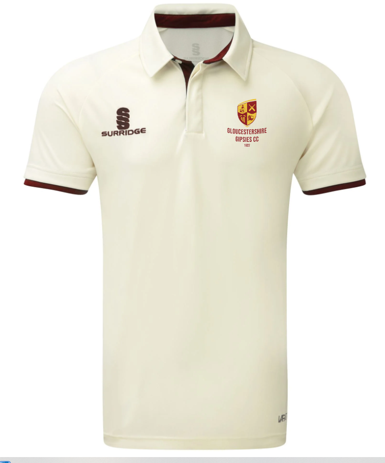 The Surridge Gloucestershire Gipsies CC S/S Match Shirt is a cream, breathable, short-sleeve collared jersey with the Surridge logo and red-yellow club crest and text—perfect as your official match shirt.