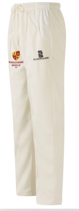 The Surridge Gloucestershire Gipsies Match Cricket Trousers are cream polyester twill with a drawstring waist, featuring the club logo and Gipsies CC crest on the left thigh and the Surridge logo on the right thigh.