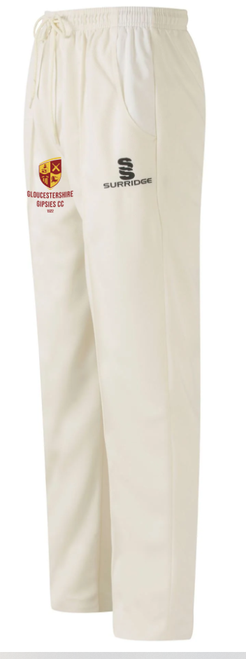 The Surridge Gloucestershire Gipsies Match Cricket Trousers are cream polyester twill with a drawstring waist, featuring the club logo and Gipsies CC crest on the left thigh and the Surridge logo on the right thigh.