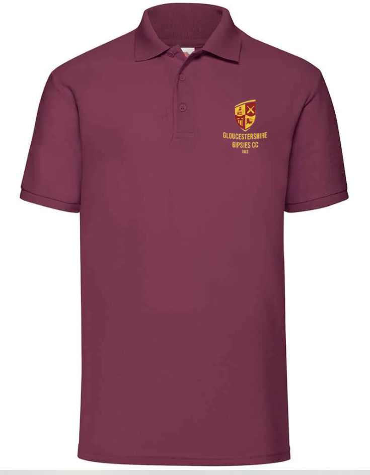 The Gloucestershire Gipsies CC Polo Shirt by Martin Berrill Sports is maroon with an embroidered yellow and red crest logo and "Gloucester Gipsies Club since 1922" on the left chest, plus a classic collar and two-button placket.