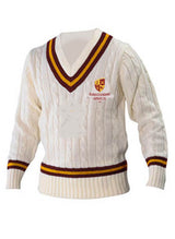 The Gloucestershire Gipsies Cricket Sweater by Martin Berrill Sports is a cream cable-knit with maroon and gold stripes on the V-neck, cuffs, and hem, plus an embroidered club logo on the left chest.