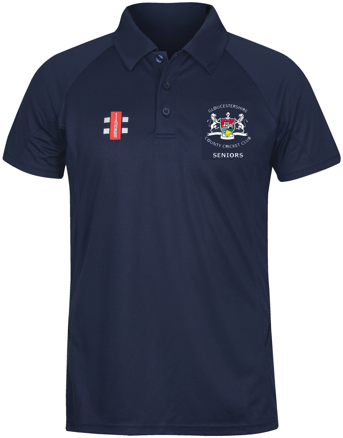 The Gray Nicolls Gloucestershire CCC Seniors Matrix V2 Polo Shirt is a navy short-sleeve polo with a collar, featuring the Seniors logo on the left chest and a red and white emblem on the right. Made for moisture-controlling comfort.