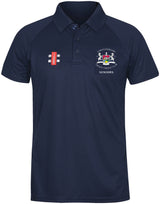 The Gray Nicolls Gloucestershire CCC Seniors Matrix V2 Polo Shirt is a navy short-sleeve polo with a collar, featuring the Seniors logo on the left chest and a red and white emblem on the right. Made for moisture-controlling comfort.